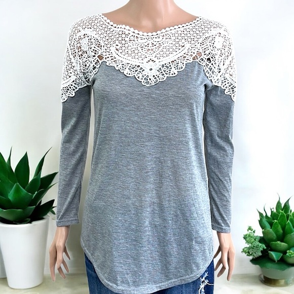Heather Gray Plain Lace Long Sleeve Crew Neck T-Shirt - Picture 16 of 16